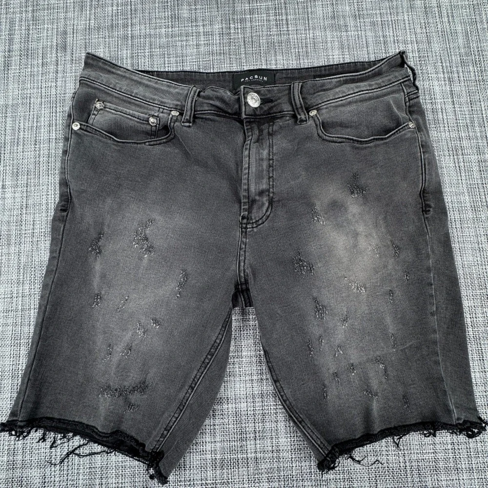 PacSun Mens Skinniest Active Stretch Denim Shorts Gray Distressed W34 Y2K